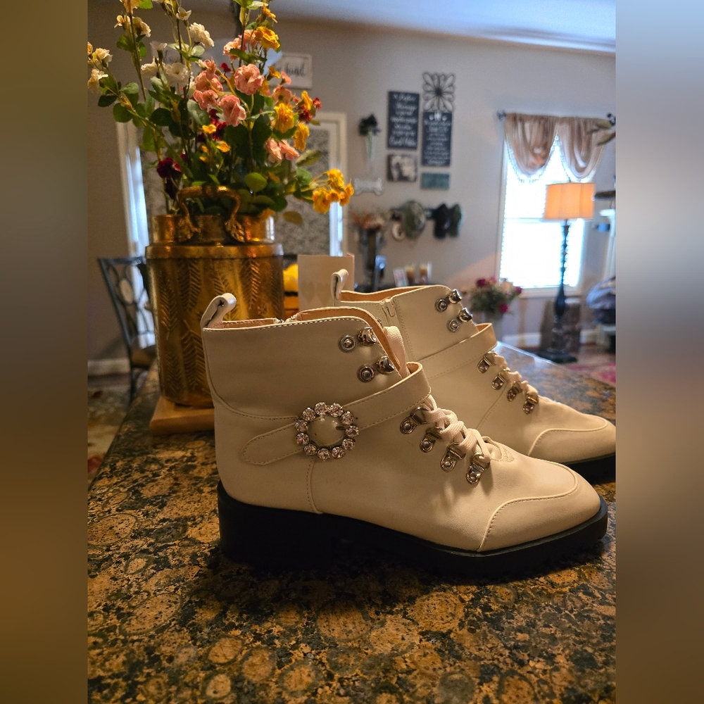 Nanette Lepore White Lace Up Boots with Jewel Accent - Picture 2 of 4